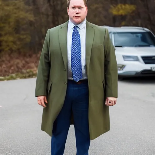 Prompt: the chubby white man stood patiently on the trailer lot, his legs spread apart, wearing an olive green overcoat, dark gray chalk stripe three-piece suit, a blue dress shirt with white cuffs and collars, a midnight blue necktie, and a pair of worn-in wheat Timberland Boots