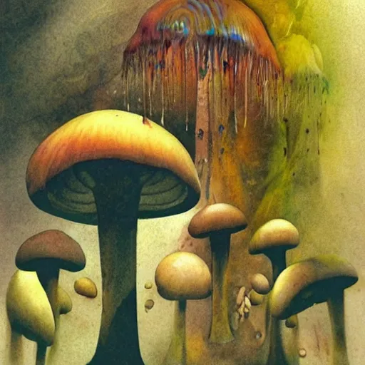 Image similar to psychedelic mushrooms psilocybin dream, by dave mckean