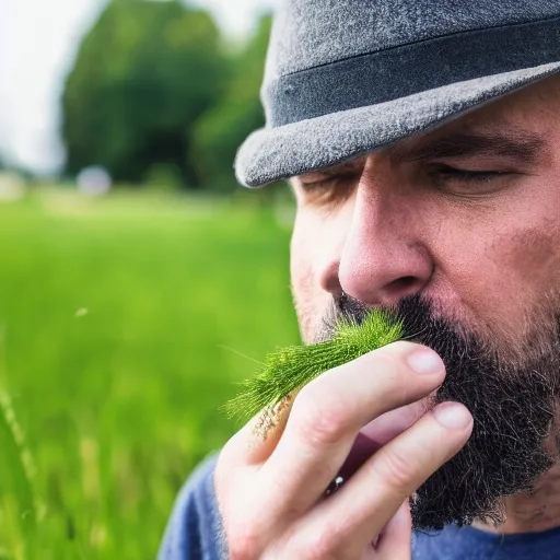 Prompt: A man intensely smelling gras, XF IQ4, 150MP, 50mm, F1.4, ISO 200, 1/160s, natural light