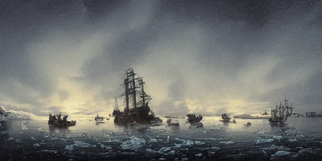 Image similar to digital painting of a 18th century ship stuck in ice on a cold sea at night. Sharp focus. Northern lights. Cinematic composition. Highly detailed. Low light, high contrast. Baroque.