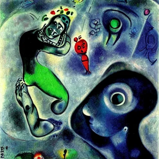 Prompt: A body art. A rip in spacetime. Did this device in her hand open a portal to another dimension or reality?! Monster by Mistake by Marcell Chagall intuitive