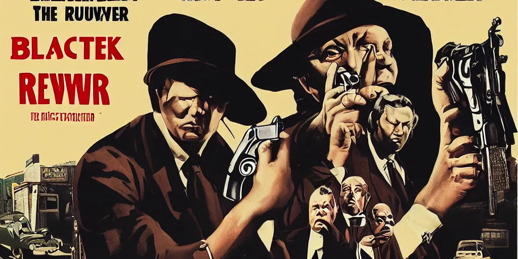 Prompt: black retro revolver in a hand, hitchcock movie poster