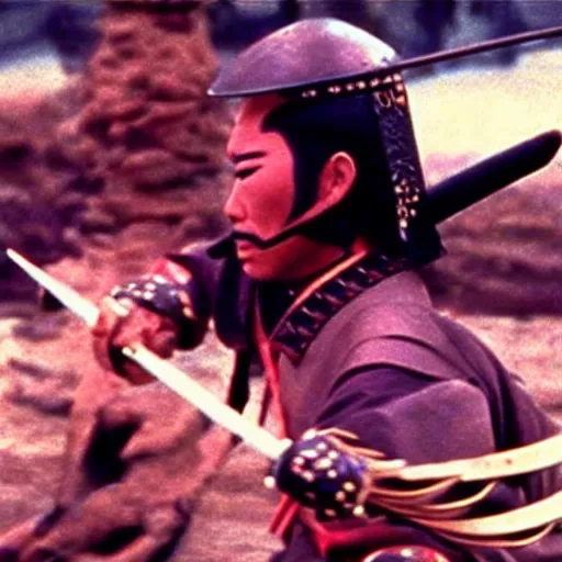Image similar to a samurai fighting with delicious hot dogs as weapons, scene from Kagemusha, 1980, movie still, cinematic, epic,