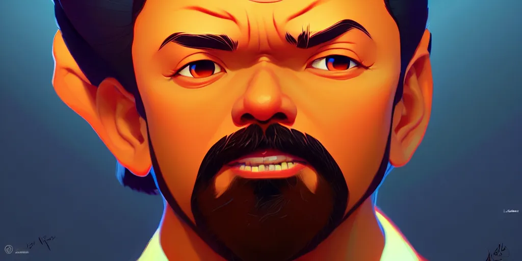 Image similar to low angle portrait of Mahinda Rajapaksha, tepainting concept Blizzard pixar maya engine on stylized background splash comics global illumination lighting artstation lois van baarle, ilya kuvshinov, rossdraws