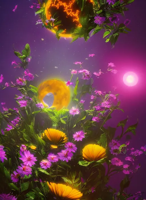 Image similar to An epic fantastic realism comic book style painting of the most beautiful flowers launched into space, bouquets, solar eclipse, fisheye, unreal 5, DAZ, hyperrealistic, octane render, dynamic lighting