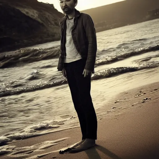 Prompt: Thom Yorke standing on beach with guitar, london burning, a photo by John E. Berninger, trending on pinterest, private press, associated press photo, angelic photograph, masterpiece