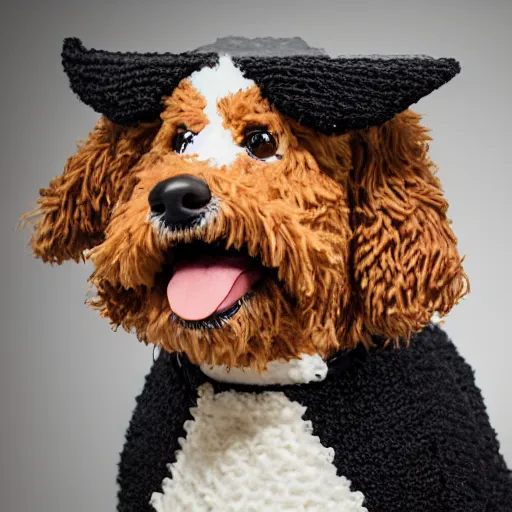 Prompt: a closeup photorealistic photograph of a cute smiling knitted bernedoodle judge dog dressed in a black gown, presiding over the courthouse. indoor shot, professional capture, well lit photo. this 4 k hd image is trending on artstation, featured on behance, well - rendered, extra crisp, features intricate detail, epic composition and the style of unreal engine.