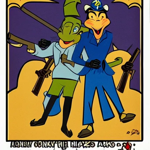 Prompt: monkey wielding two ak - 4 7 s, style of 1 9 2 0 s disney cartoon