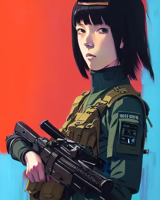 Image similar to girl wearing tactical gear, very anime, fine - face, audrey plaza, realistic shaded perfect face, fine details. anime. realistic shaded lighting poster by ilya kuvshinov katsuhiro otomo ghost - in - the - shell, magali villeneuve, artgerm, jeremy lipkin and michael garmash and rob rey