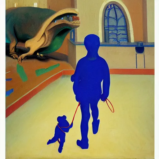 Prompt: a kid at the park walking a dinosaur with a leash, renaissance oil painting by Yves Klein and Judson Huss and Natalia Goncharova, artstation