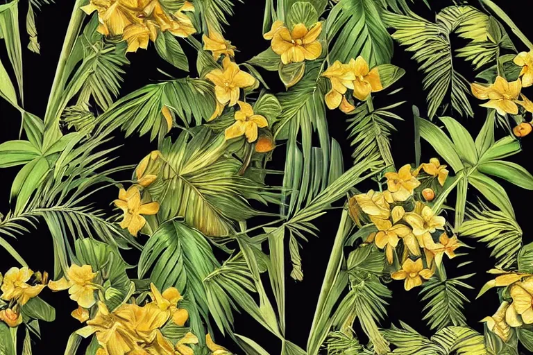 Image similar to photorealistic print of exotic, elegant tropical prints : : black background, green surreal plants, golden flowers, art nouveau, trending on artstation