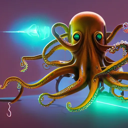 Image similar to cyborg octopus , mechanical, wires, colorful, concept art, artstation, 4k