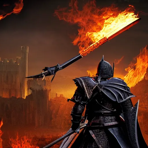 Image similar to dark souls knight with a fire sword, medieval castle in background
