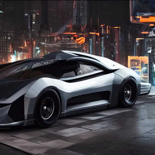 Image similar to shiny car of the future on blocks with wheels removed, high detail, 8 k render, trending on artstation, cyberpunk