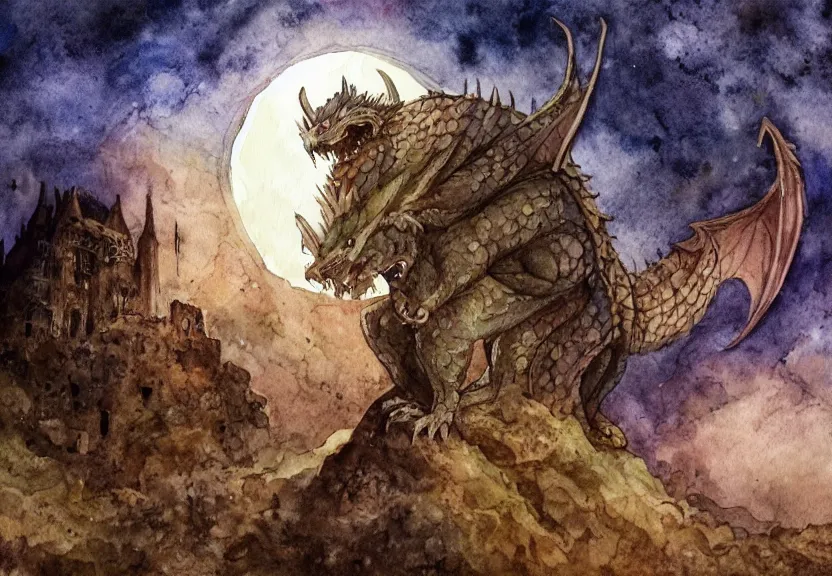 Image similar to possum dragon at a medieval castle under a dark starred sky, dark fantasy, watercolor, dreaming illusion, highly detailed, 4k, trending on Artstation, award-winning