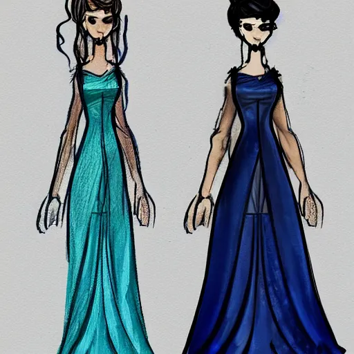 Prompt: character concept art design sketches of a lady in a blue dress,