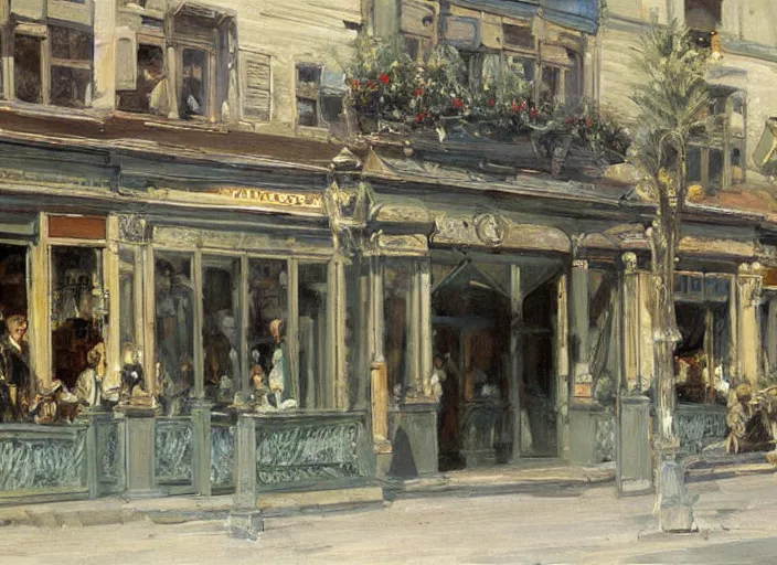 Image similar to artwork painting of the storefront front of a building by ivan shishkin, john singer sargent