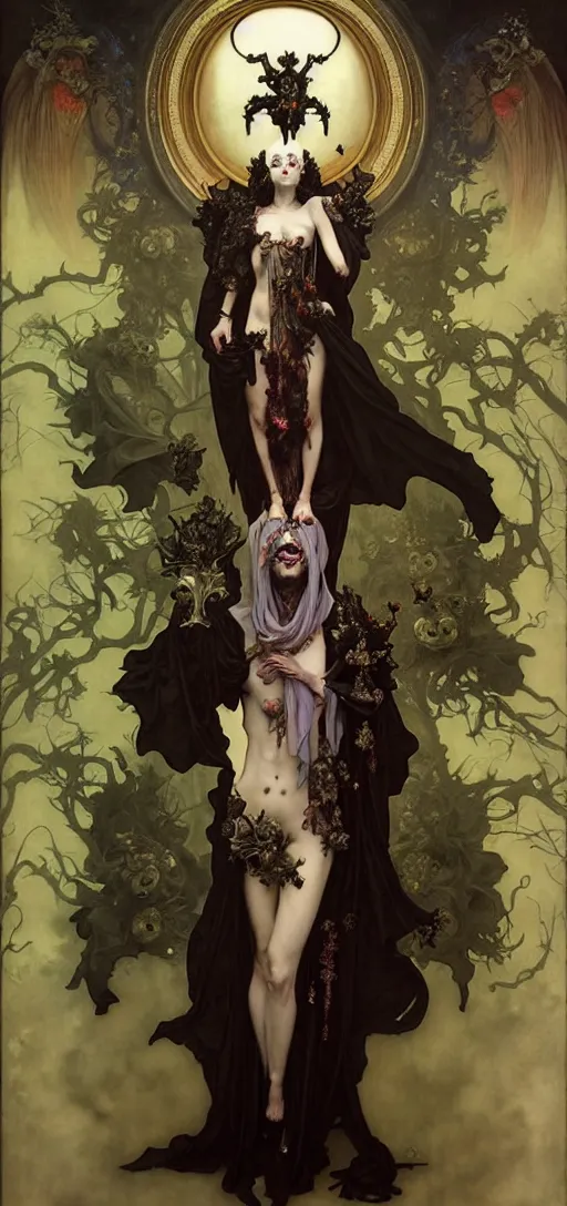 Prompt: baroque oil painting of full body portrait vampire princess in gothic robes, by nekro, peter mohrbacher, alphonse mucha, brian froud, yoshitaka amano, kim keever, victo ngai, james jean