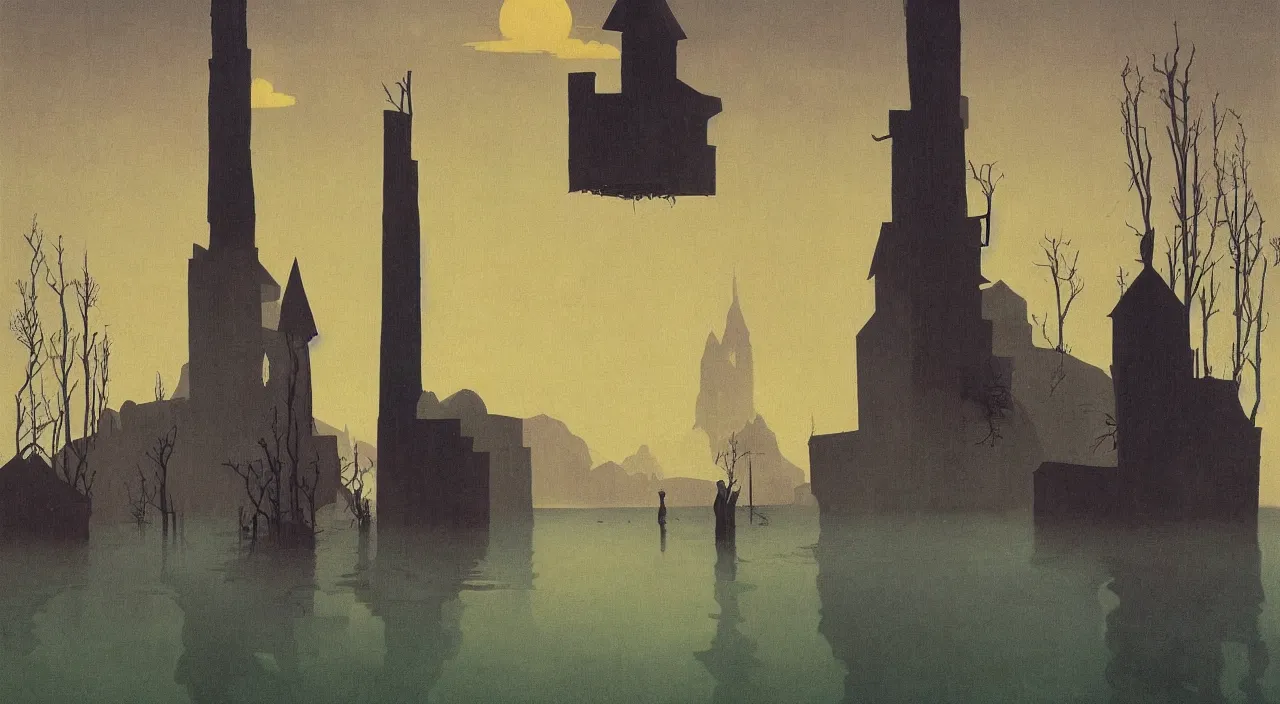 Prompt: single flooded simple fork wooden tower, very coherent and colorful high contrast!! masterpiece by rene magritte simon stalenhag carl spitzweg syd mead norman rockwell edward hopper james gilleard, minimalist, dark shadows, sunny day, hard lighting