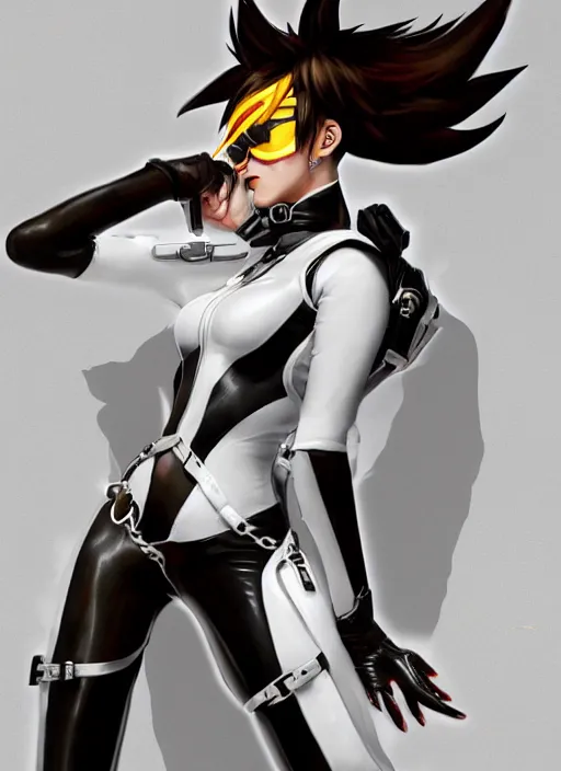 Image similar to portrait digital artwork of tracer overwatch, wearing white latex and leather straps catsuit outfit, in style of mark arian, angel wings, dramatic painting, wearing detailed leather collar, chains, black harness, detailed face and eyes,