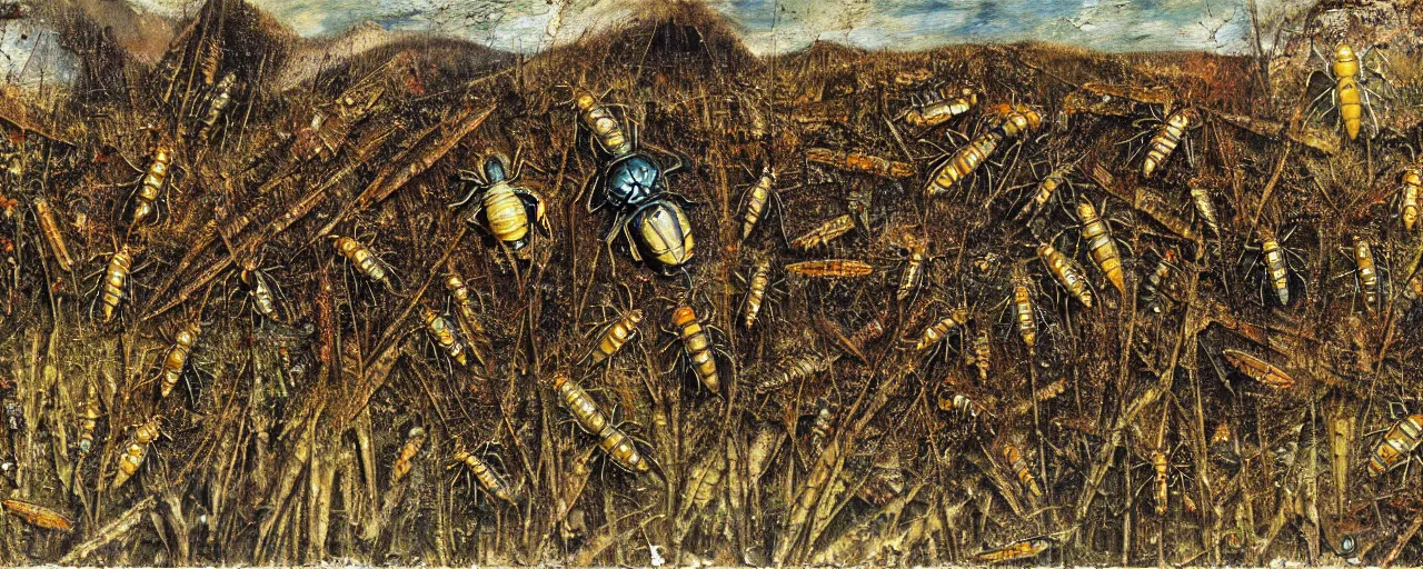 Image similar to strange giant insects, beetles and flies, swarming in a cornfield, oil painting by max ernst and anselm kiefer, decay, mixed media, textured, sharp focus, highly detailed, photographic emulsion cracked and peeling, rust, cinematic lighting, 8 k, hd