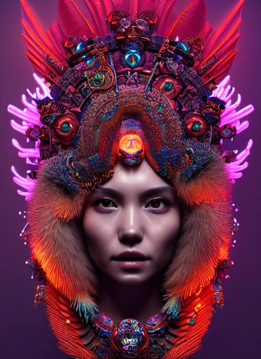 Image similar to a 3 d wlop goddess portrait, 8 k micro details beautiful intricate highly detailed quetzalcoatl skull and feathers. bioluminescent, fire, snow, thunderstorm! artwork by tooth wu and wlop and beeple and greg rutkowski, trending on artstation,