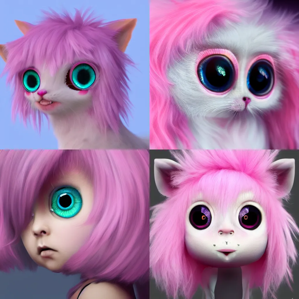Prompt: small cute creature with pink pastel fluffy hair and big eyes, photo realistic, 4 k