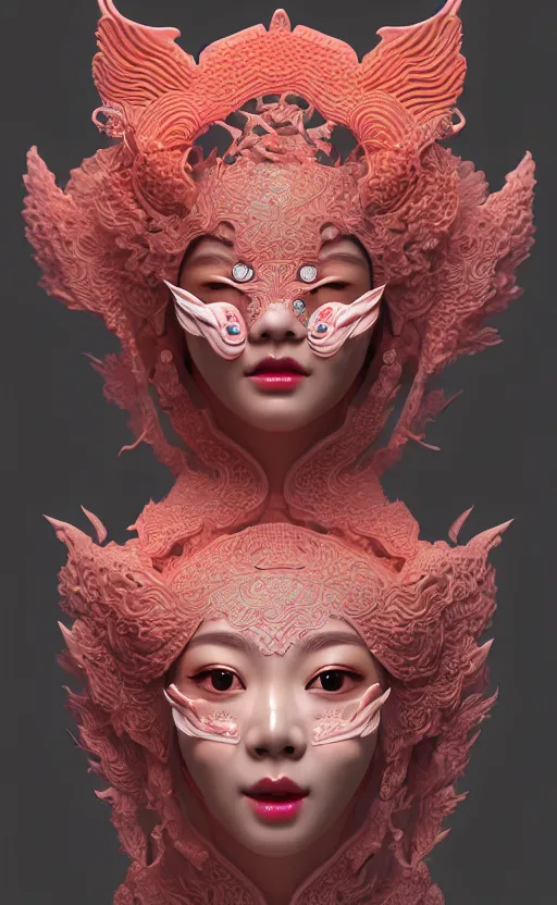 Image similar to 3 d goddess medium shot profile portrait. beautiful intricate highly detailed korean gumiho mask and traditional korean hanbok. stingray, magpie, bio luminescent, plasma, lava, ice, water, wind, creature, artwork by tooth wu and wlop and beeple and greg rutkowski, trending on artstation,