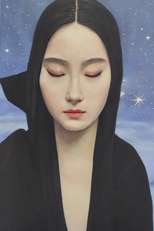 Prompt: hyperrealism oil painting, close - up fashion portrait of woman in black robe, soft light, soft colors, ocean pattern mixed with star sky in front, in style of classicism mixed with 7 0 s japanese sci - fi book art