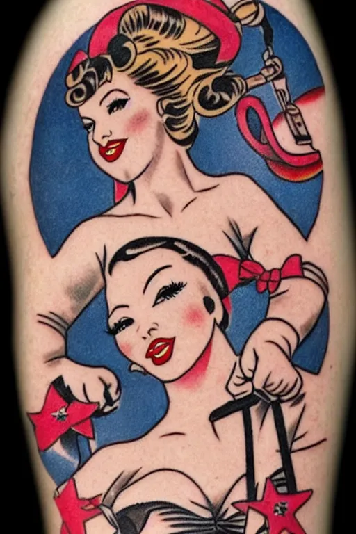 Image similar to traditional American tattoo of a pinup doll, WWII style, detailed