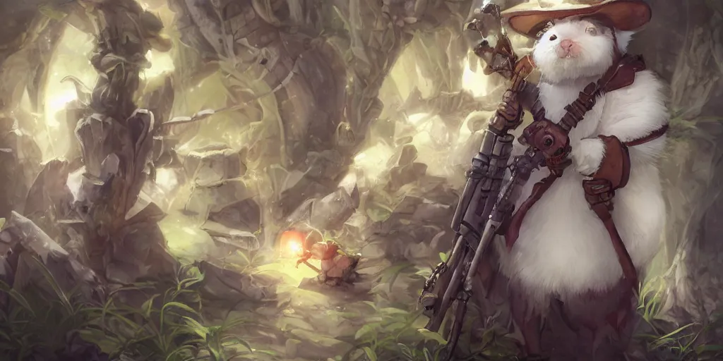 Image similar to dungeons and dragons fantasy painting, portrait of an roborovski dwarf hamster in a suit and tie with a rifle, whimsical and cute, determined expression, watery eyes, anime inspired by krenz cushart, light grey fur, tufty whiskers, bamboo forest, dawn lighting, by brian froud jessica rossier and greg rutkowski