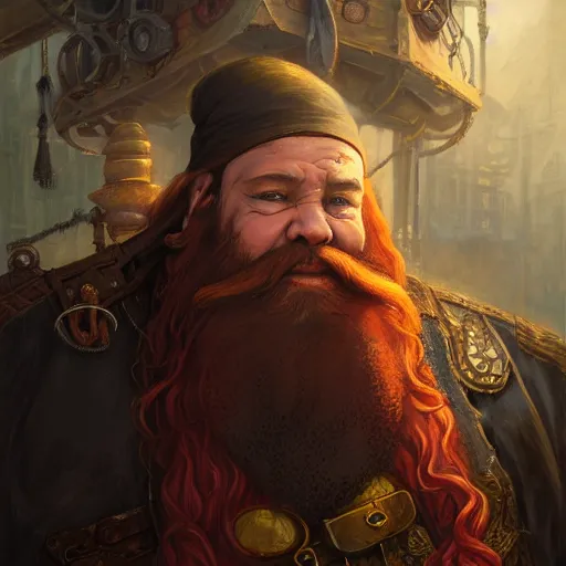 Image similar to Dwarven merchant with a long red flowing beard with Steampunk accessories, 4k oil on linen by wlop, artgerm, andrei riabovitchev, nuri iyem, james gurney, james jean, greg rutkowski, highly detailed, soft lighting 8k resolution