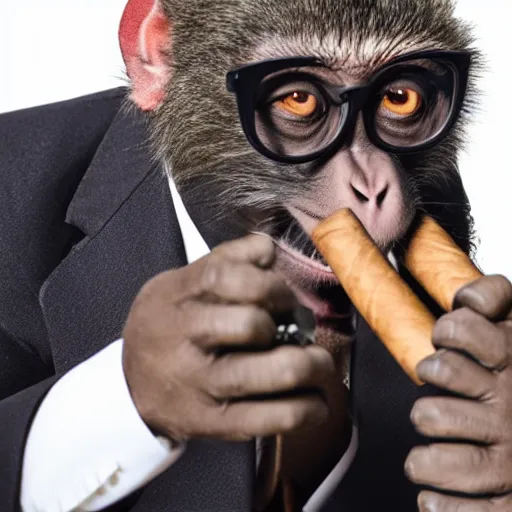 Image similar to a high detail closeup shot of a depressed monkey wearing a suit and smoking a cigar