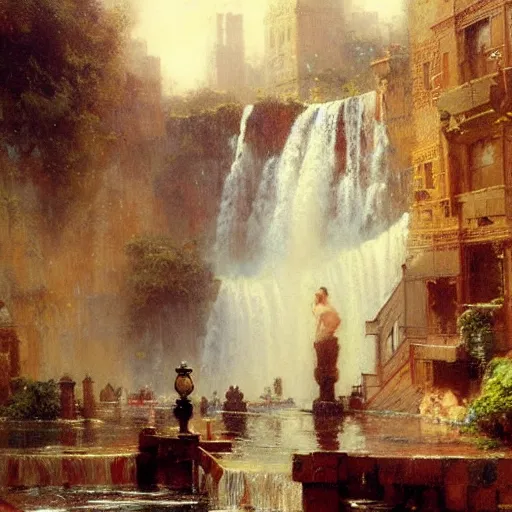 Image similar to waterfall flooding an entire city. victorian age. highly detailed painting by gaston bussiere, craig mullins, j. c. leyendecker