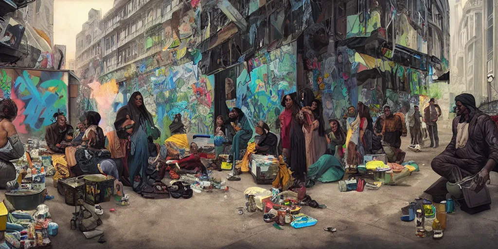 Image similar to street view photograph of reverend kim kardashian giving food rations to climate change migrants, graffiti art style, highly detailed, digital painting, artstation, concept art, dystopian, sharp focus, brutalist illustration, art by greg rutkowski and alphonse mucha, 8 k