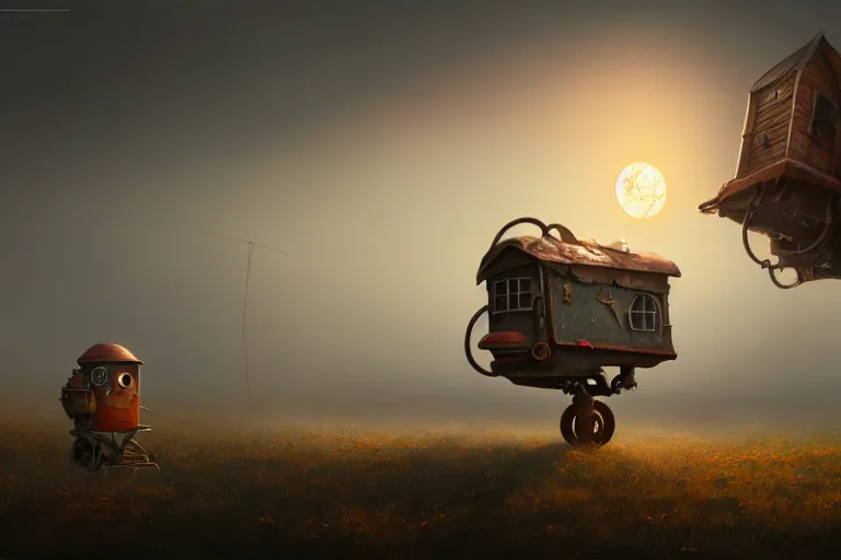 Image similar to a walking magic house with two mechanical legs, rust, hyperrealistic, highly detailed, cinematic, single ray of sun, fog, beautiful, cgssociety, artstation, 8 k, oil painting