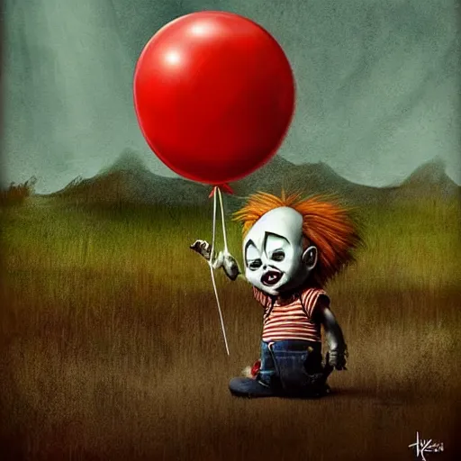 Prompt: grunge cartoon landscape sketch of chucky with a wide smile and a red balloon by - michal karcz, loony toons style, pennywise style, mona lisa style, horror theme, detailed, elegant, intricate