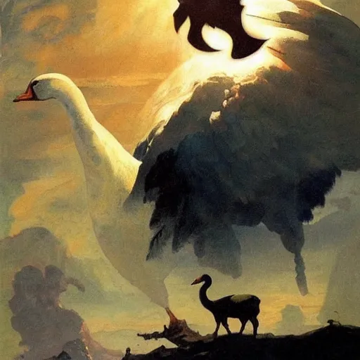 Prompt: the huge goose god is going to destroy the world, a single colossal goose. epic lighting, composition, highly detailed, by Frank Frazetta