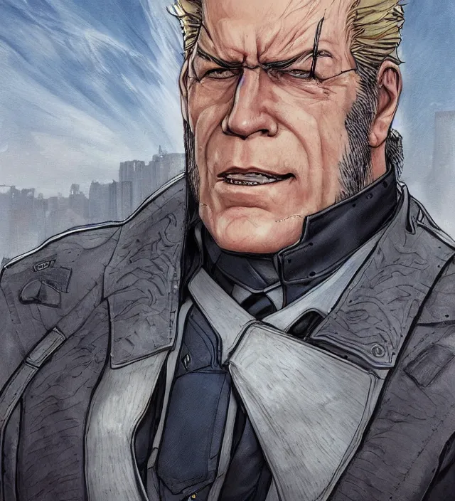 Image similar to a character portrait of senator steven armstrong from metal gear rising in the style of jean giraud in the style of moebius trending on artstation deviantart pinterest detailed realistic hd 8 k high resolution