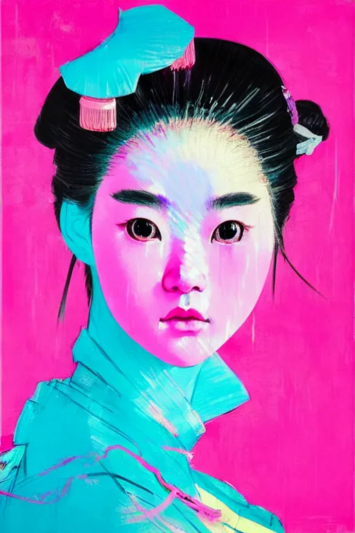 Prompt: portrait of a stylized japanese young geisha, painted in acrylic, pigment textures, in the colors hot pink and cyan, beautiful realistic face, rule of thirds, spotlight, by greg rutkowski, by jeremy mann, by francoise nielly, by van gogh, by ross tran, in focus