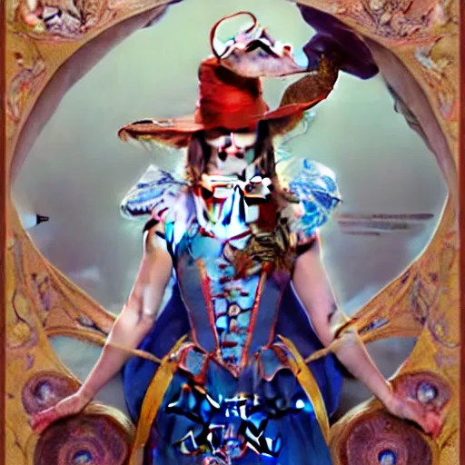 Image similar to movie poster of \'alice in wonderland\', wearing blue and white armor, fantasy, intricate, elegant, highly detailed, digital painting, artstation, concept art, smooth, sharp focus, illustration, art by Fernanda Suarez and Artem Demura and alphonse mucha