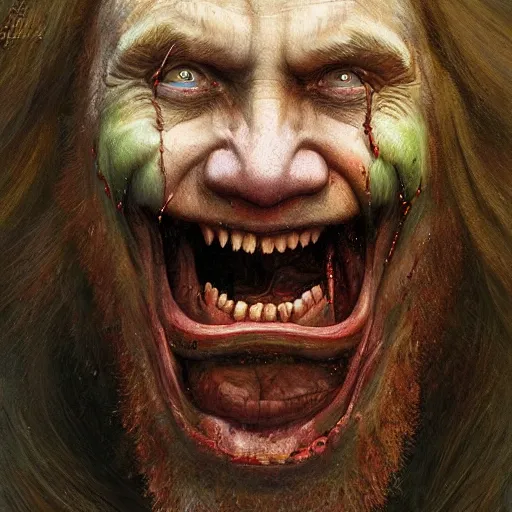 Image similar to vladimir putin, putin is bald caveman, vladimir putin awe face, toothless horror macabre face, clown nose, by donato giancola and greg rutkowski and wayne barlow and zdzisław beksinski, realistic face, digital art