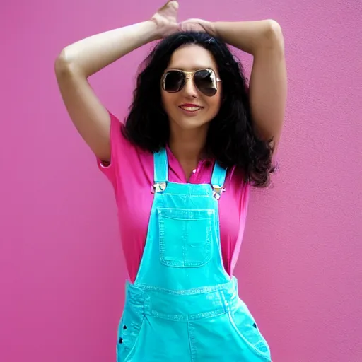 Prompt: a photo of a woman in cyan and pink overalls