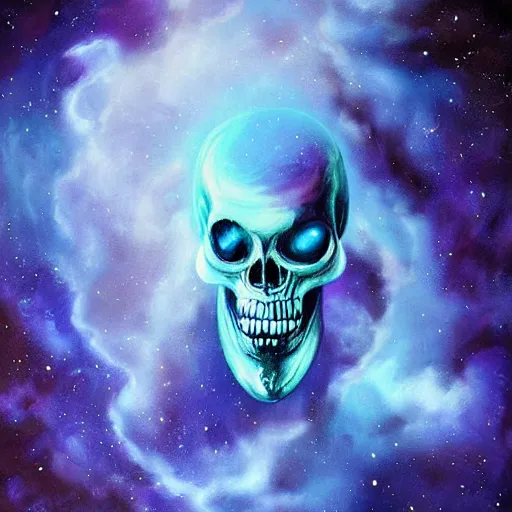 Prompt: alien skull on blue cloud nebula background, acrilic paint, digital, artstation, detailed intricate ink illustration, heavenly atmosphere, digital art, overdetailed art, concept art, complementing colors, trending on artstation, cgstudio, the most beautiful image ever created, dramatic, subtle, details, award winning artwork, beautiful scenery