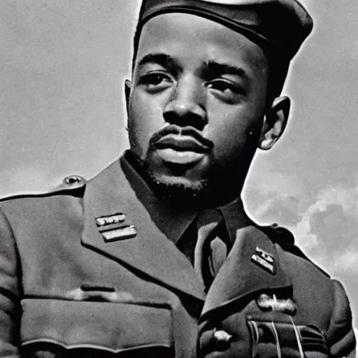 Prompt: 1 9 4 0 s vintage monochrome photograph of kendrick lamar wearing a us army uniform on omaha beach, 8 k, very detailed, very intricate,