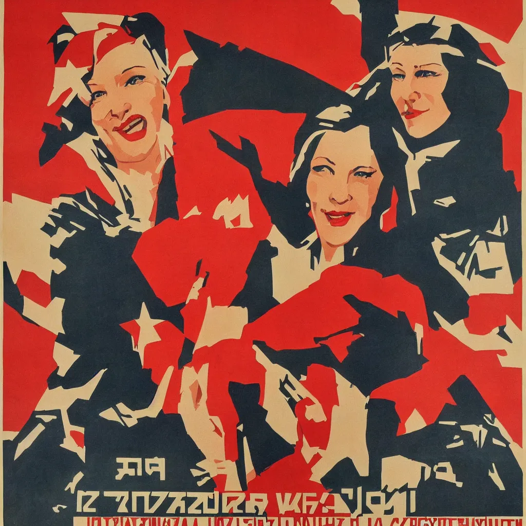 Image similar to soviet propaganda poster with cate blanchett calling on the world community to fight against Nazism, Ultra Detailed, soviet realism