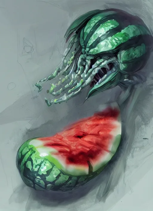 Prompt: semi reallistic gouache gesture painting, by yoshitaka amano, by ruan jia, by Conrad roset, by dofus online artists, detailed anime 3d render alien watermelon monster, watermelon alien terrible monster, antrophomorfic watermelon, portrait, cgsociety, artstation, rococo mechanical, Digital reality, sf5 ink style, dieselpunk atmosphere, gesture drawn