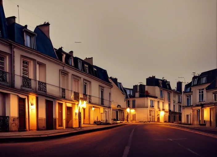 Image similar to small suburban houses in Paris at night inspired by Edward Hopper, Photographic stills, photography, fantasy, moody lighting, dark mood, imagination, cinematic