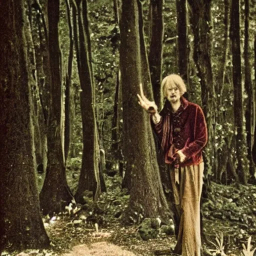 Prompt: magical wizard in forest, dusty colorized photo from the 70s