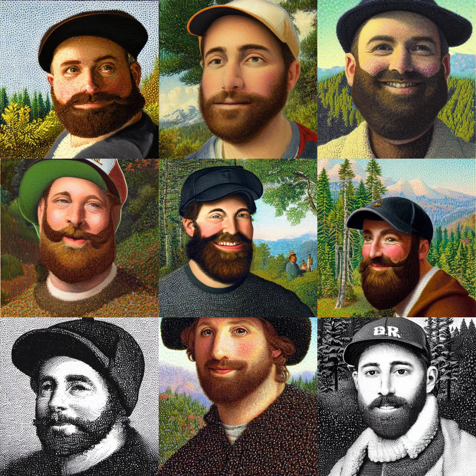 Prompt: portrait of a smiling white man with a black baseball cap and brown beard on the summit of a forested mountain in the style of pointillism